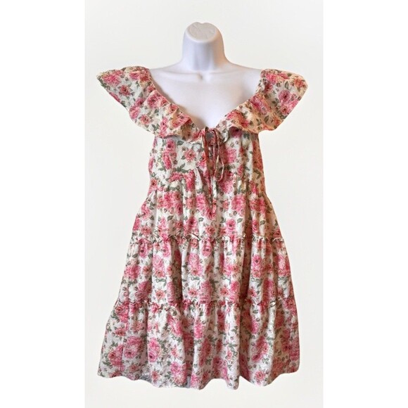 Just Me Dresses & Skirts - Just Me Dress Size Large Mini Floral Pink Lined Cottagecore Flutter Sleeve